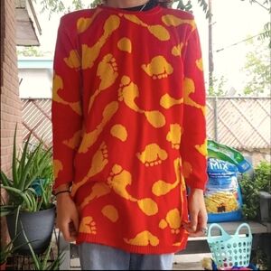 Vintage 1980s Betsey Johnson Punk Label Footprint Knit Sweater Dress Red &Yellow